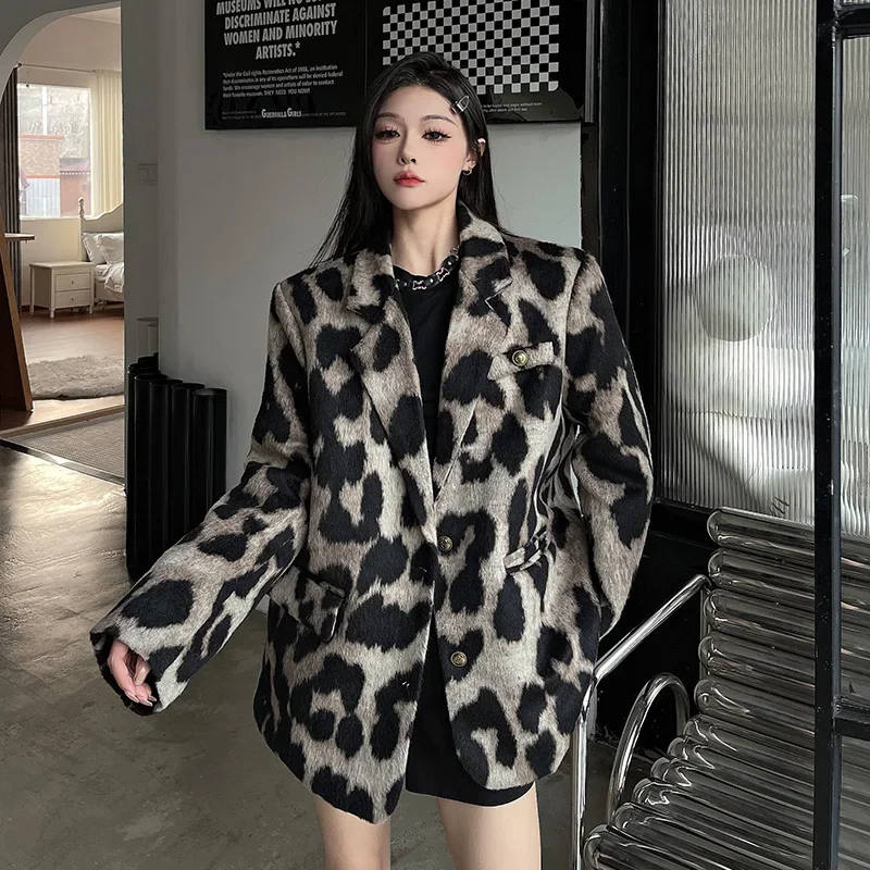 MiiiiX Office Lady Korean Style Leopard Print Woolen Tailored Coat Women Outerwears Winter Loose Fashion Thick Suit Jacket Top