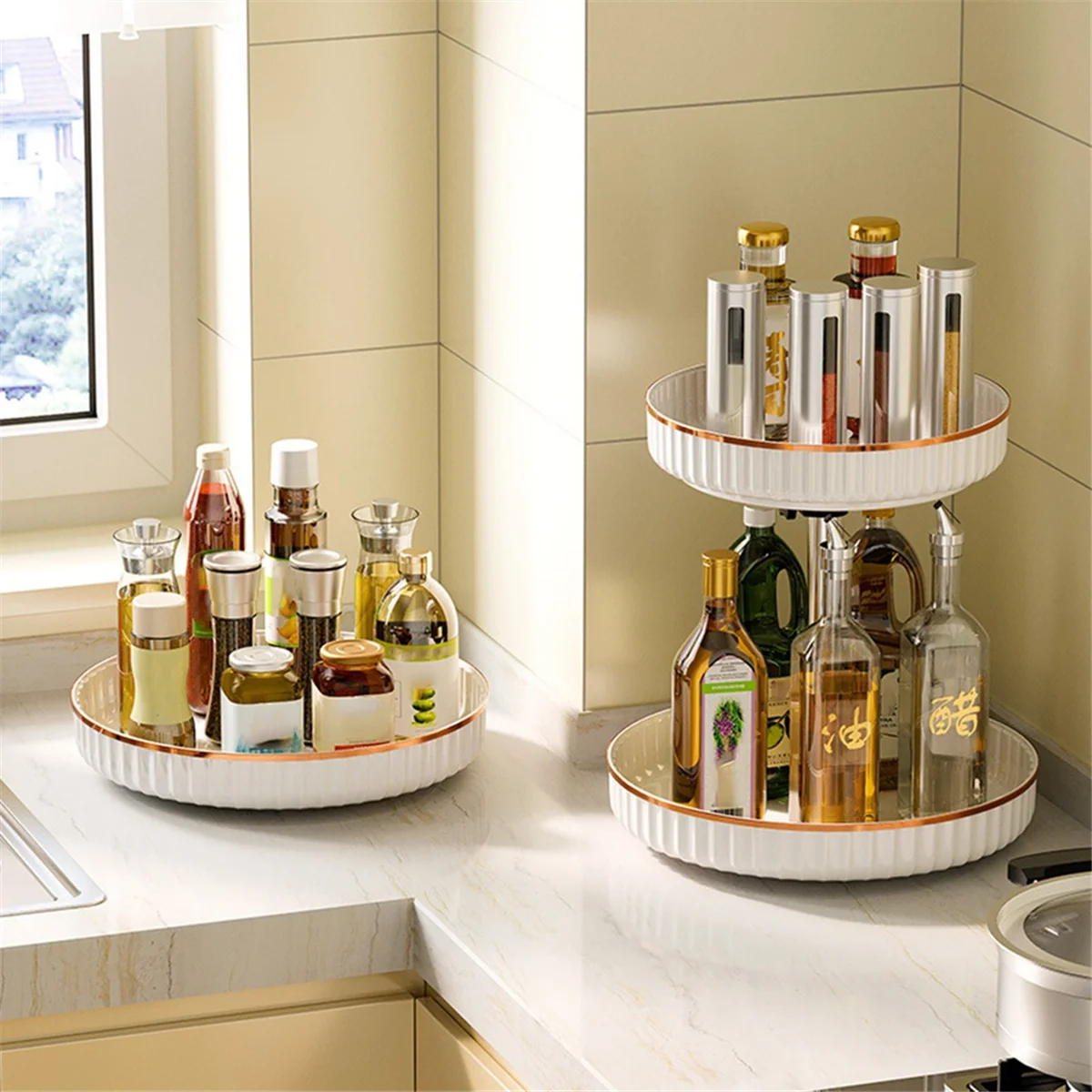 Light Luxury Style 360 Degree Rotating Rack, Kitchen Oil Bottle Spice Rack, Kitchen Countertop Round Storage Tray