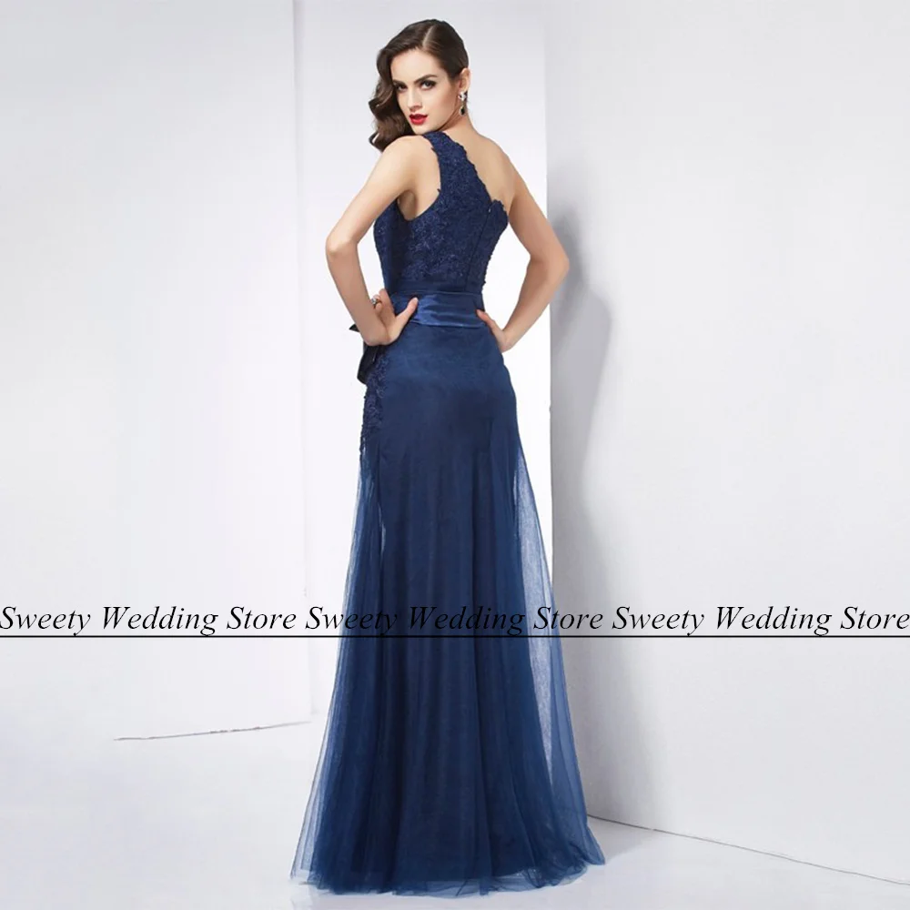 Jiayigong-Vestido largo de sirena sin mangas para mujer, prenda de un hombro con apliques plisados, tul, color azul marino, para invitados de boda