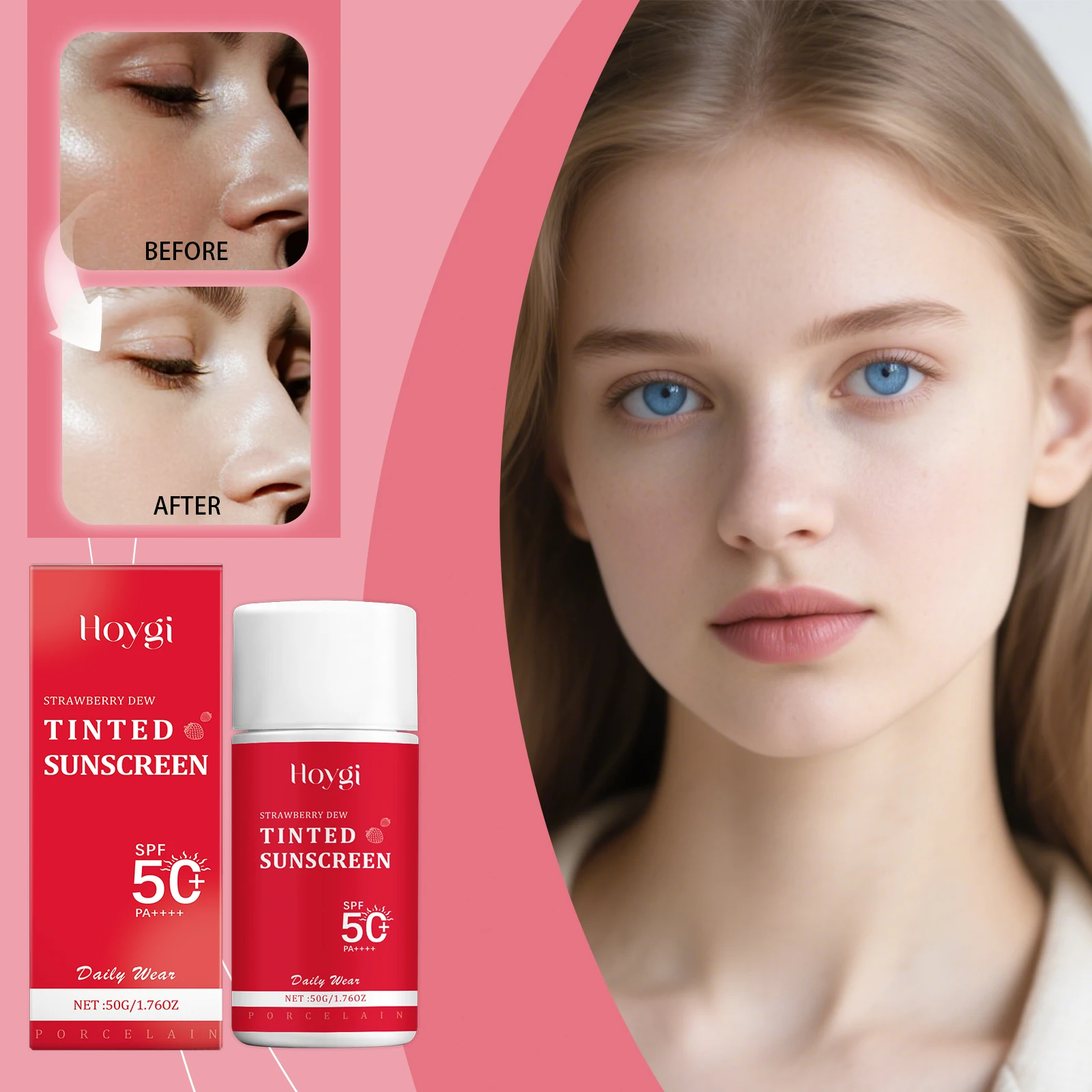 Hoygi Strawberry Dew Tinted Sunscreen SPF 50 Daily Wear Face Moisturizer, Lightweight Non Greasy, Sheer Glow Makeup,.