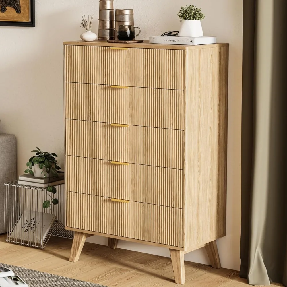Fluted 5 Drawer Dresser for Bedroom, 48 Tall Mid-Century Chest of Drawers, Modern Wood Dresser Storage Cabinet with Solid Feet f