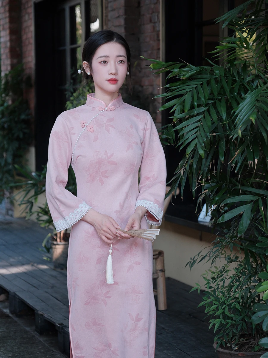 

Новое китайское платье Sle Pink Long Sve Dr для похудения в национальном тренде, повседневная одежда, улучшенная версия, платье с низким разрезом