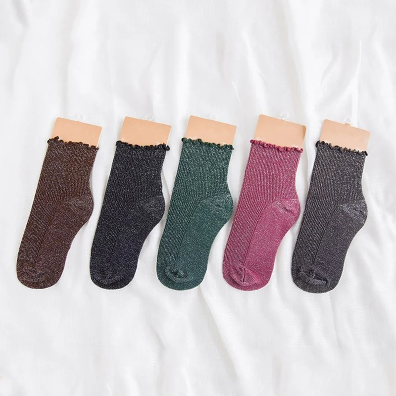 Kawaii Glitter Socks Women Harajuku Lolita Bright Silk Stockings Fashion Stringy Selvedge Shiny Loose Socks Cotton Sparkly Socks