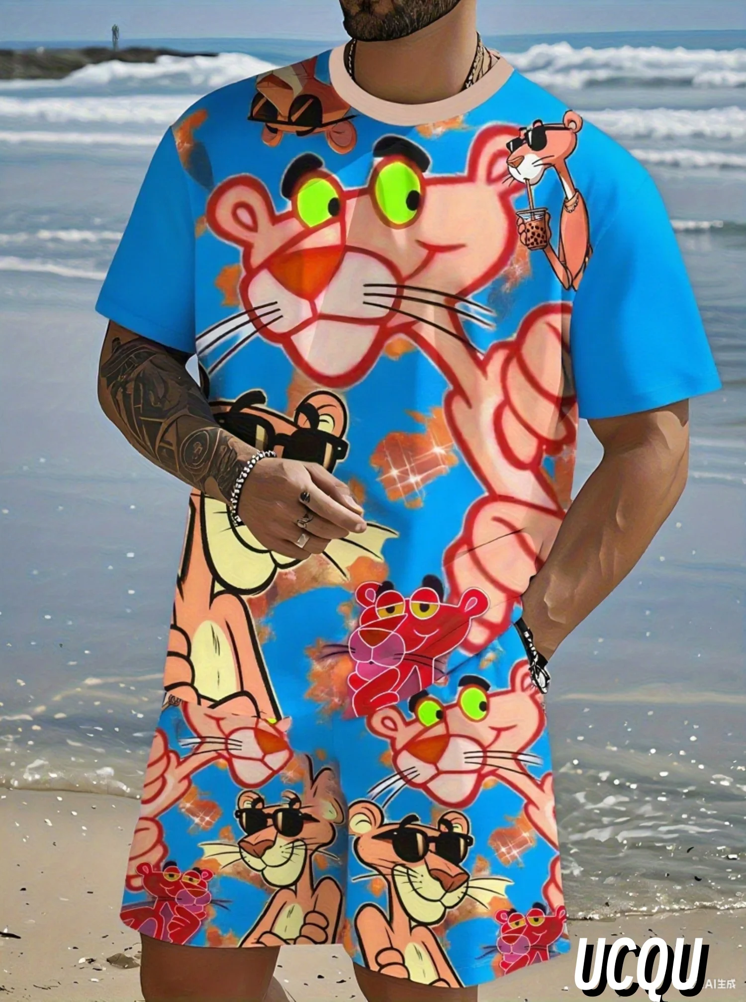 

Summer Pink Panther Print Men's Casual Short Sleeve T-Shirt Shorts Set Adult sport Jogging 2 Piece Set men Clothing