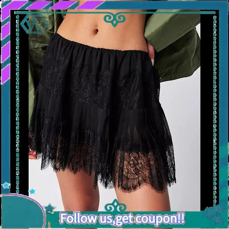 A09P レディース Y2K ハーフスリップスカート ローライズ プリーツ フリル レーストリム スカート レイヤード フローイ ショートスカート アンスコ