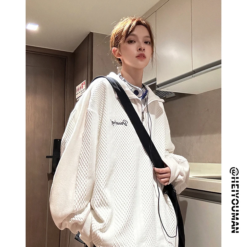 

Мужская толстовка на молнии: повседневная спортивная одежда в американском ретро-стиле для пар, весна-осень, премиум-качество, с текстурной молнией