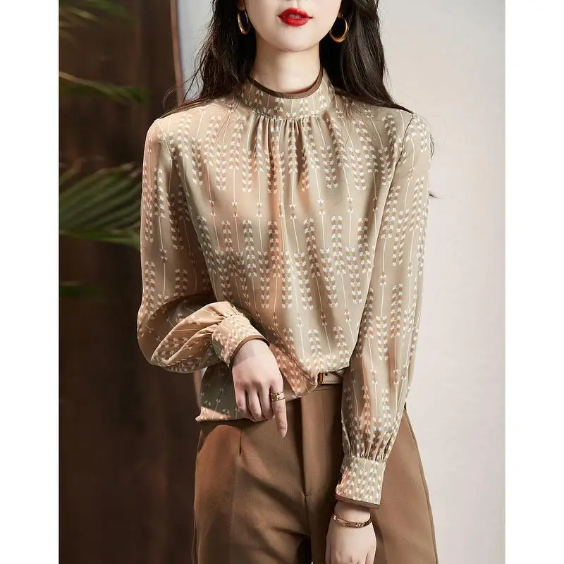 Fashion Loose Stand Collar Printed Folds Chiffon Blouses Women\'s Clothing 2023 Autumn Oversized Casual Tops Puff Sleeve Shirts