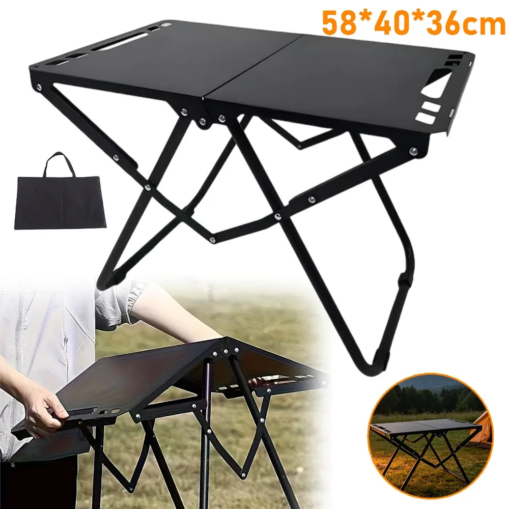 Table de camping portable, table pliable de camping en plein air avec sac de rangement, table de pique-nique extérieure durable en acier au carbone, idéale pour la pêche, la randonnée et les barbecues