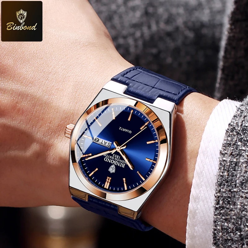 BINBOND, relojes de cuarzo de lujo para hombre, reloj Original para hombre, resistente al agua, luminoso, fecha, semana, reloj de pulsera con correa de cuero para hombre