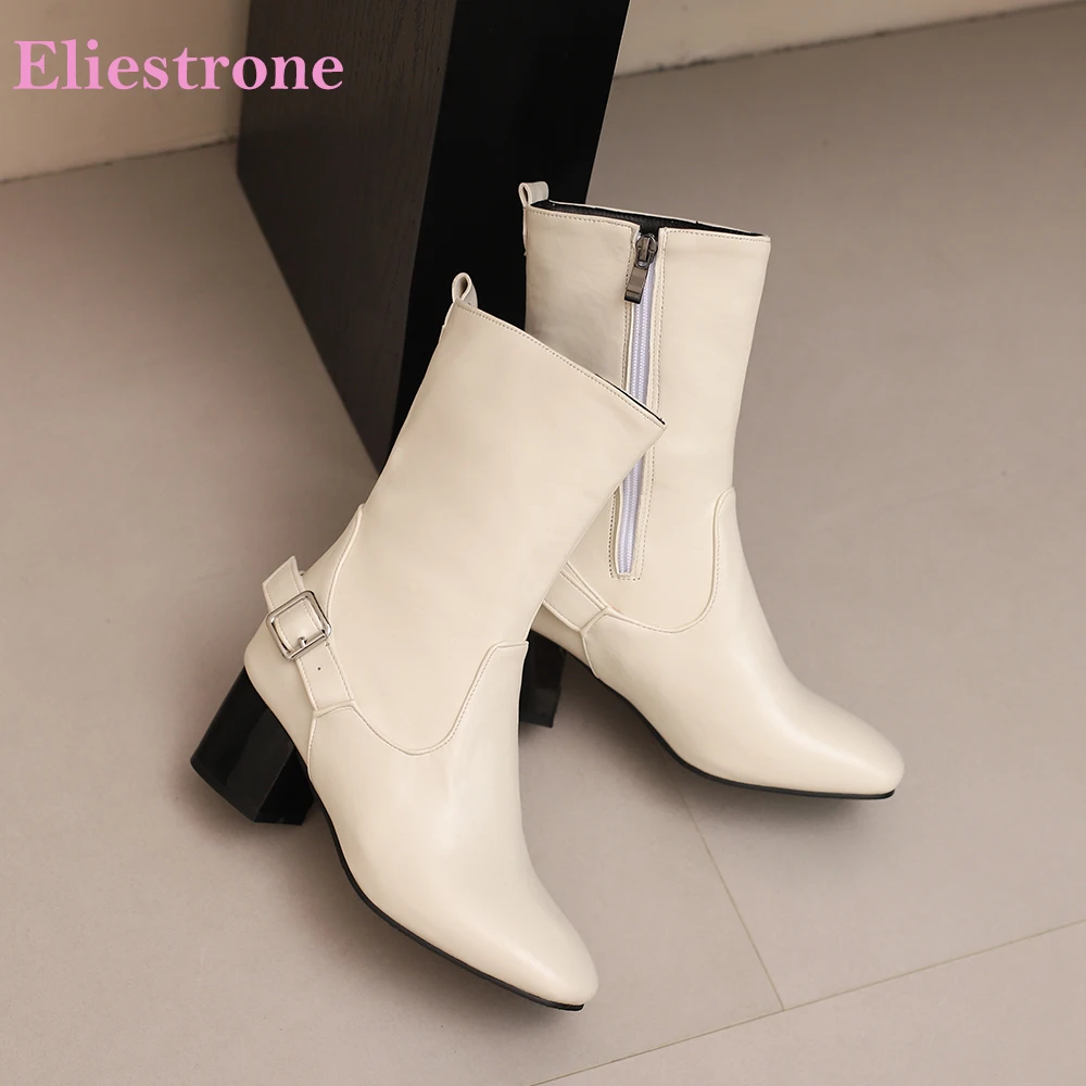

2025 New Winter Leisure Beige Brown Women Mid Calf Boots Hot High Heels Lady Casual Shoes Plus Small Big Size 32 44 46 50