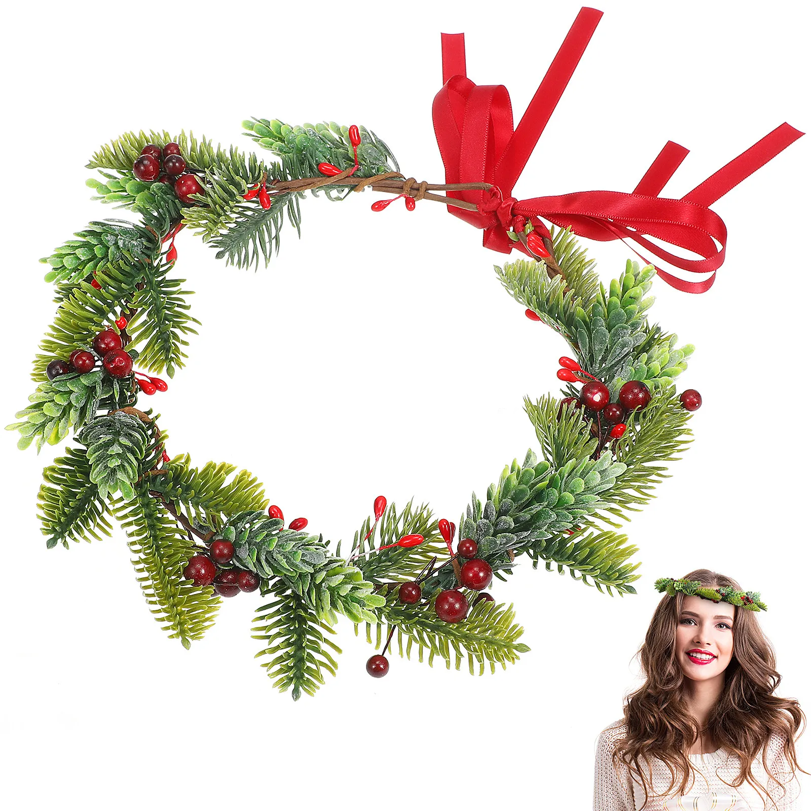 Christmas Garland 23Cm Simulation Leaves Red Fruits Ribbon Headdress Headband Party Hair Accessory for Women Girls Festival