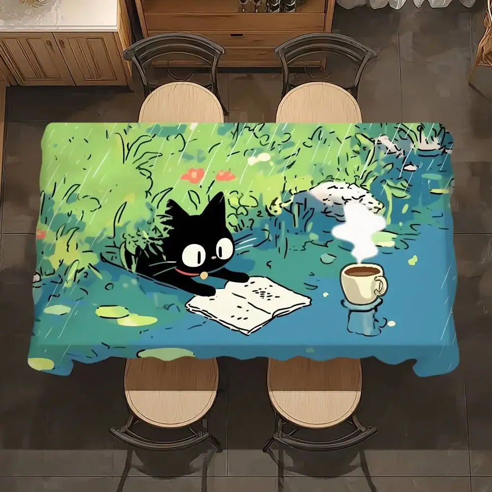 Cartoon Cat in Lotus Leaf Table Cloth Party Decor Dining Room Home Kitchen Patios Waterproof Stain-Proof Table Cloth