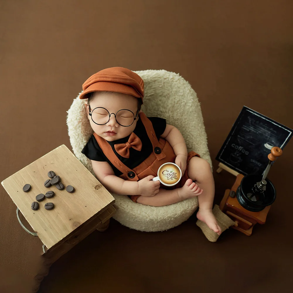 1 Month Baby Boy Photography Outfit Little Gentleman Clothes Suit Coffee Drinking Set Photography Props Newborn Outfit Props