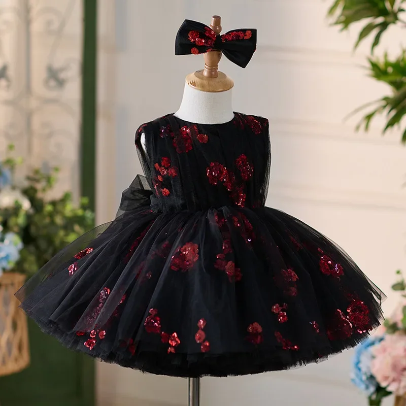 baby girl round neck rose style sequin princess dress black elegant Sleeveless kids girls dance party summer children dresses