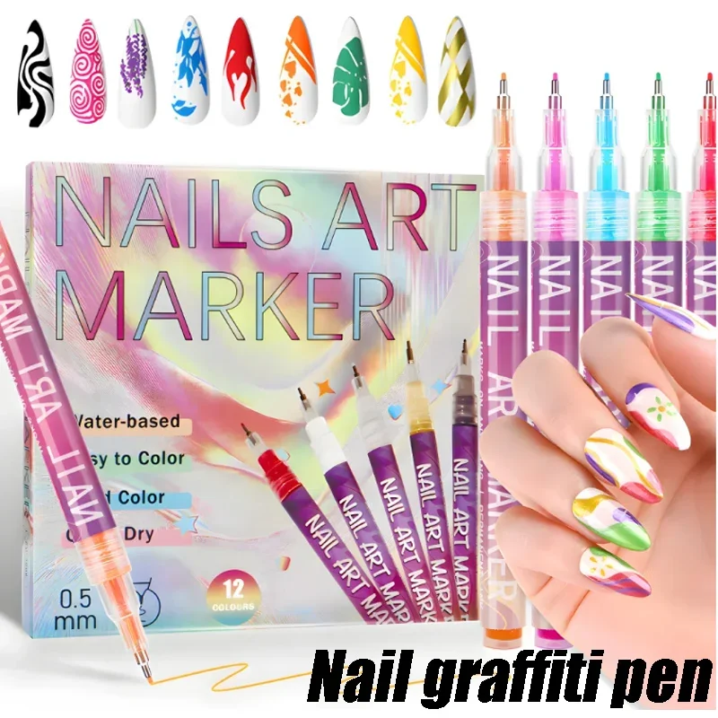

Professional Nail Art Marker Kit 12 Shade Acrylic Paint Pens with 0.5mm Fine Tip for Waterproof Nail Illustration