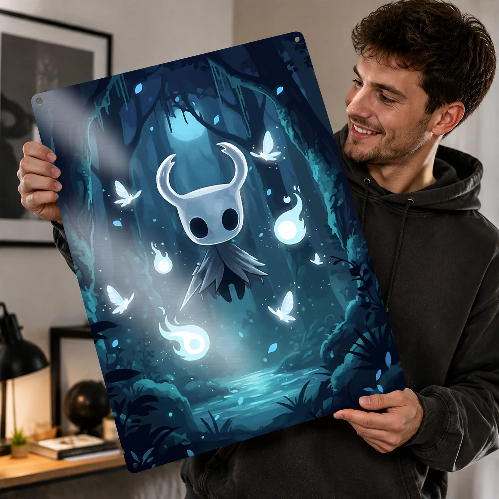 Hollow Knight in the Blue Forest Metal Poster Gamer Wall Art Personalized Vintage Tinplate Sign for Bedroom Man Cave Home Decor