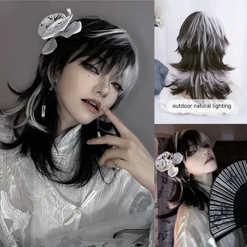 앞머리 중간 천연 웨이브 헤어 가발 여성용, 흑백 색상 합성 가발, 데일리 사용, 코스프레 내열성, 16 인치