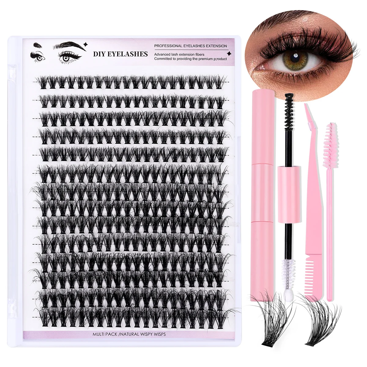 DIYまつげエクステンションキット、280個のまつげクラスター、細い茎、軽くてふわふわ、5Dフライドヘア、スーパーフィックスマスカラブラシボンディングとシーリングまつげ接着剤とまつげアプリケーターとピンセットとまつげクラスターキット(0.07Mm-30D-8-16Mmミックスキット)