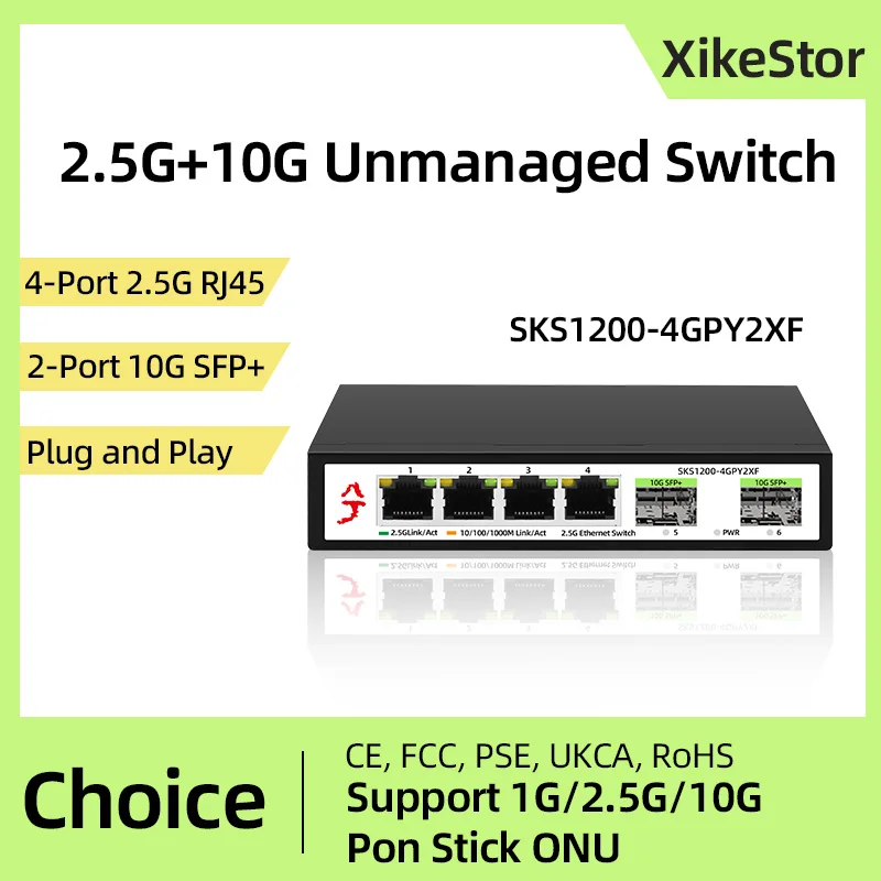 XikeStor Unmanaged 4-Ports 2.5G RJ45 2-Port 10G SFP+ Ethernet Fanless Plug and Play Internet