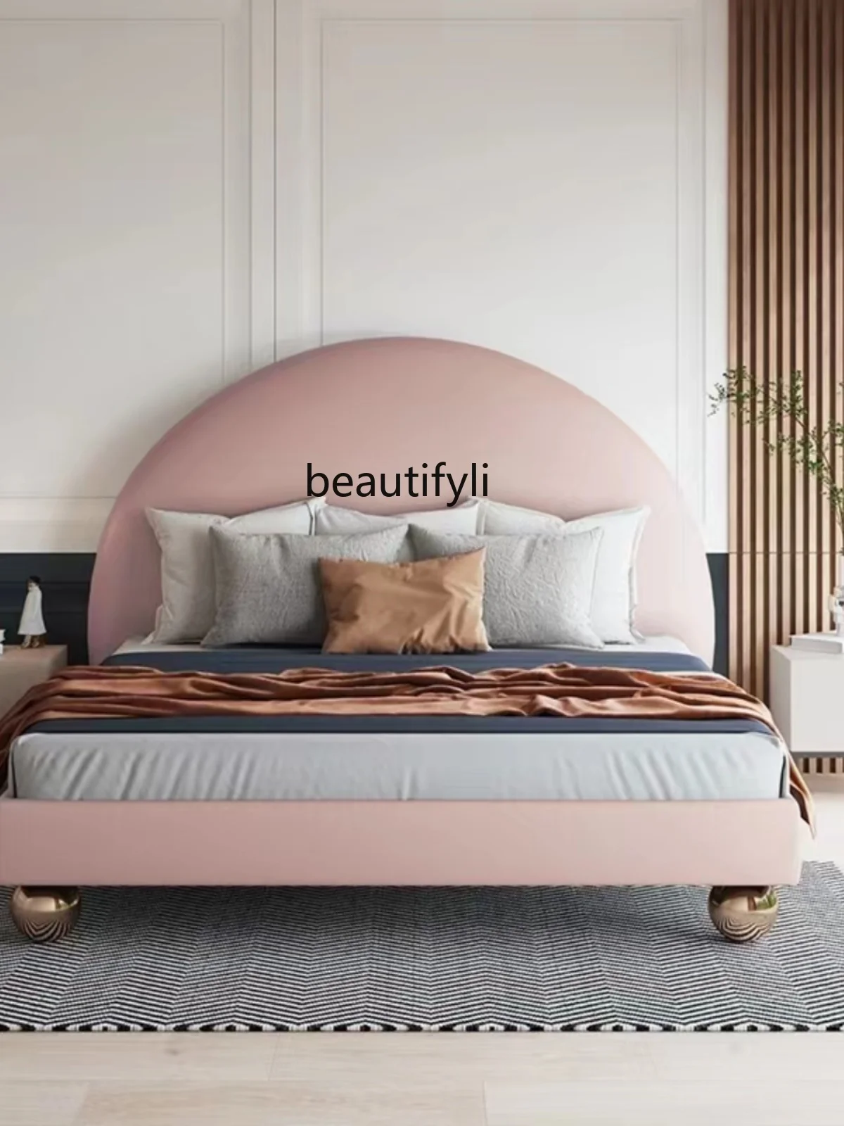 Modern Minimalist Retro French Bed Nordic Girl Bed 1.8 M Semicircle Leather Master Bedroom Marriage Bed