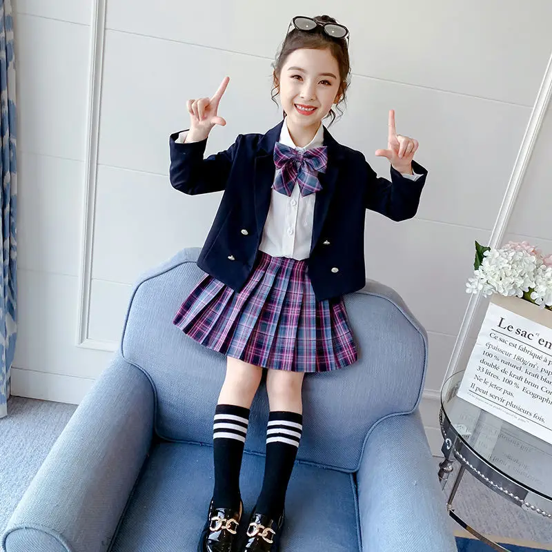 Ragazze College Style JK uniforme gonna a pieghe + camicie + cappotto invia calzino cravatta 2023 estate bambini grandi bambini scuola studente panni della tuta