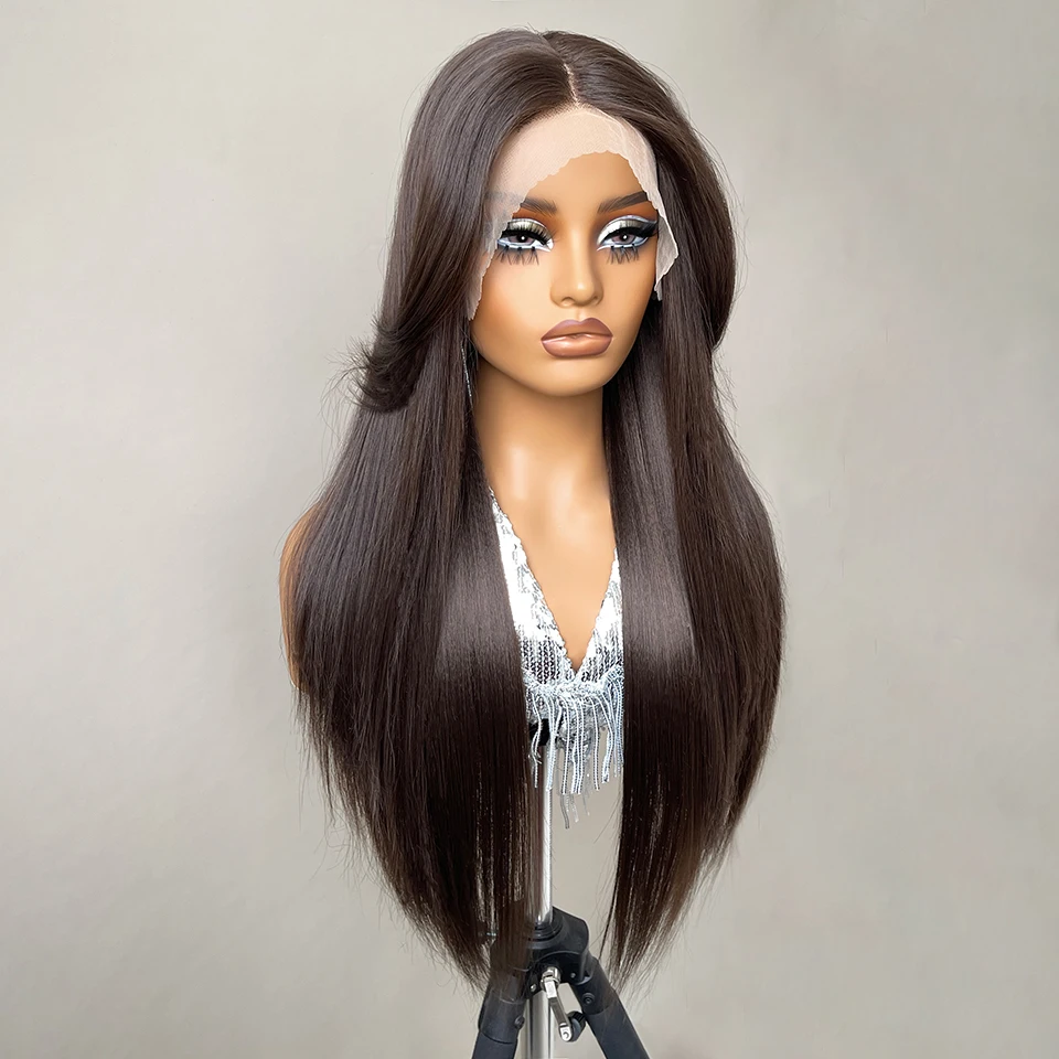 13x6 Synthetische Lace Front Perücken 30 Zoll Lange Gerade Blonde Perücke Für Schwarze Frauen Natürliche Ombre Braun Cosplay Highlight Spitze Perücke – Detail 13