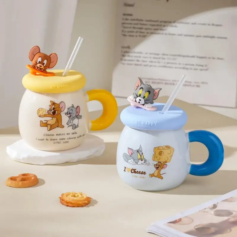 500Ml Anime Tom and Jerry Ceramic Mug with Lid Milk Coffee Cup Couple Water Cup Children Birthday Gift Christmas Gift For Girls