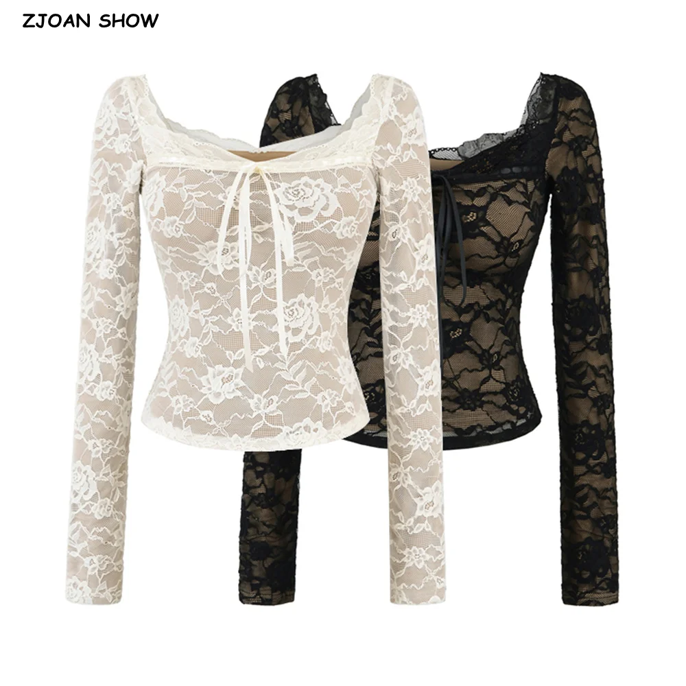 

New Spring Autumn Sexy Chest With Pad Milky white Lace Long Sleeve Tee for Women Square Collar Crop Top Slim fit T-shirts Black