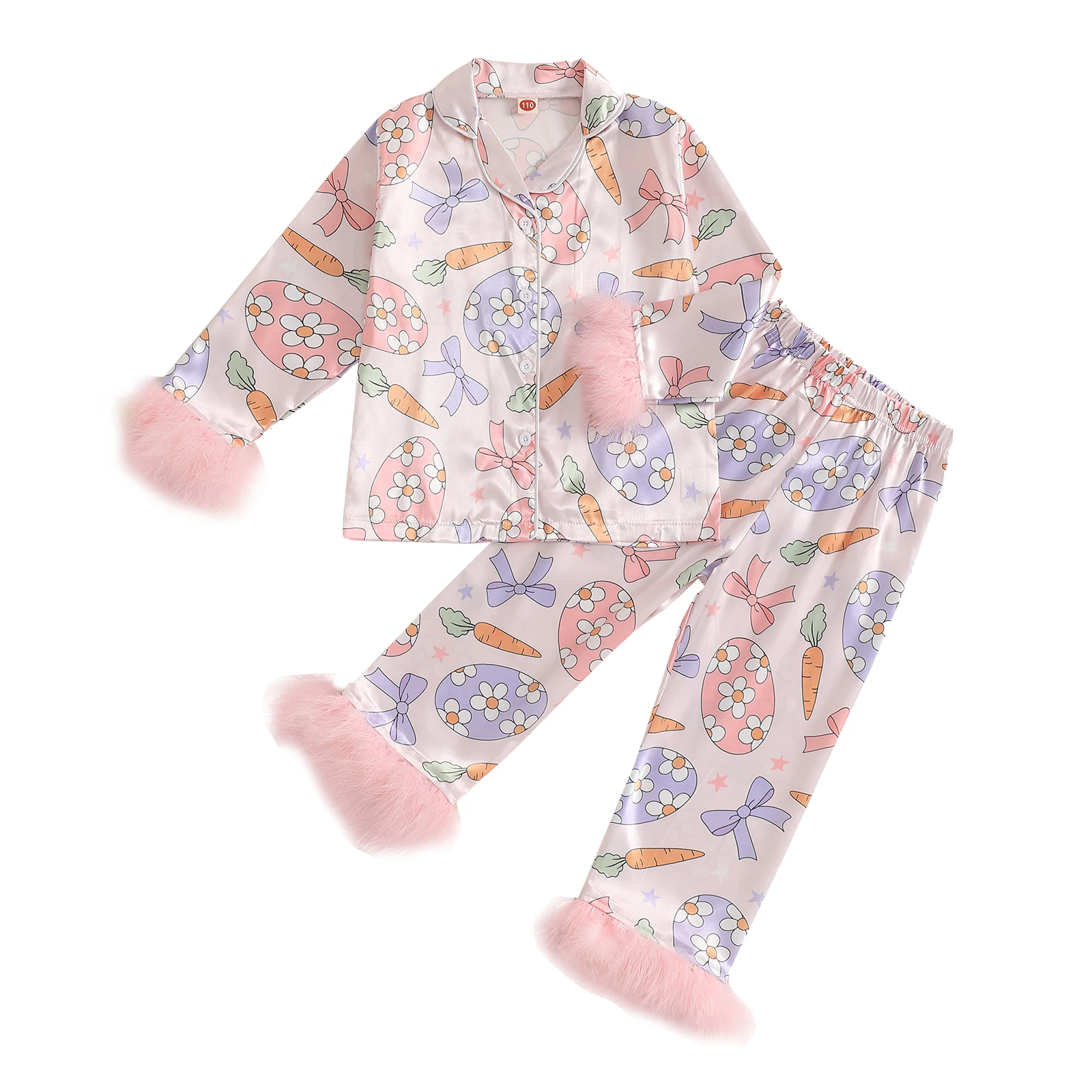 Baby Girls Easter Pajamas Feather Cuffs Egg Bow Print Button Long Sleeves Shirt with Elastic Pants for Loungewear