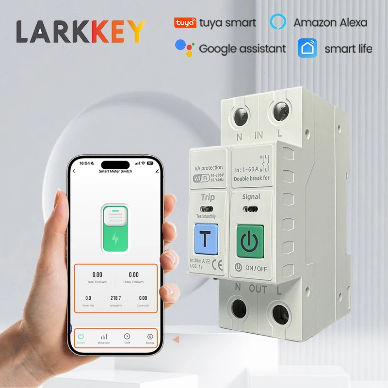 Tuya WiFi Smart Circuit Breaker 2P Leakage Over Voltage Current Protection 1-63A Adjustable Metering Timer Switch L+N LARKKRY