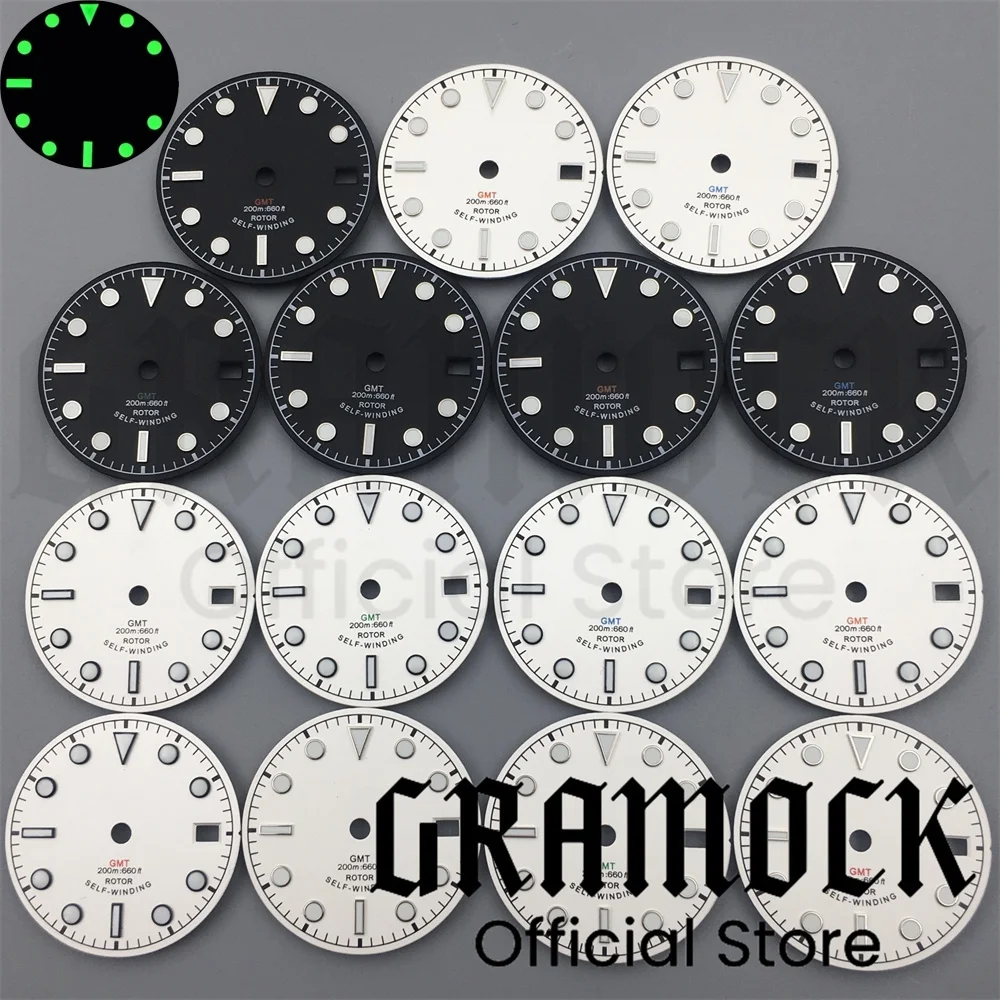 

Gramock NH34 29mm White Black Watch GMT Mark Dial Luminous Watches Parts Fit NH34/35A 4R34 4R35 Movement Accessories Date Wind