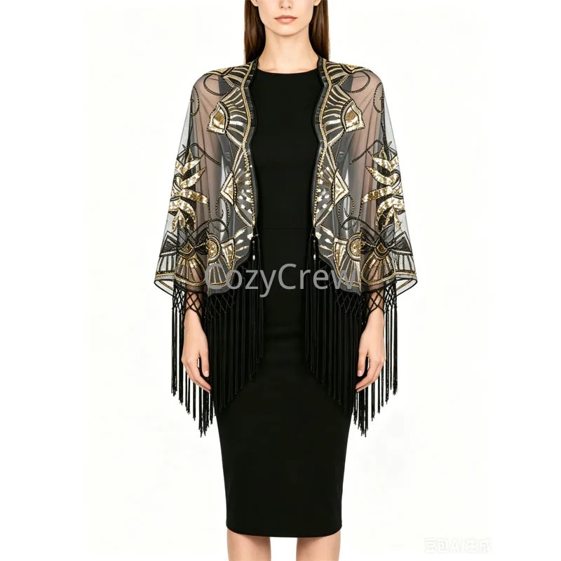 1920s Gatsby Vintage Fringe Sequin Cape Mesh Tulle Shoulder Shawl Women Flapper Evening Wedding Dress Bolero Cover Up