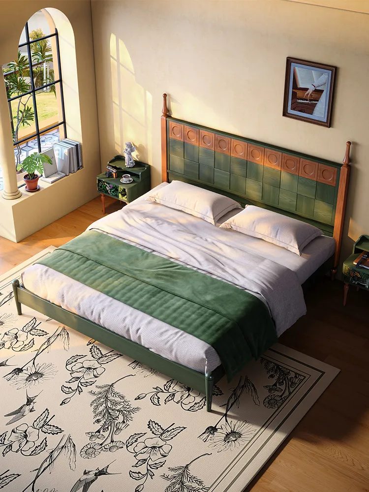 medieval solid wood bed, small apartment master bedroom simple ash wood bed, master bedroom retro double 1.8m wedding bed