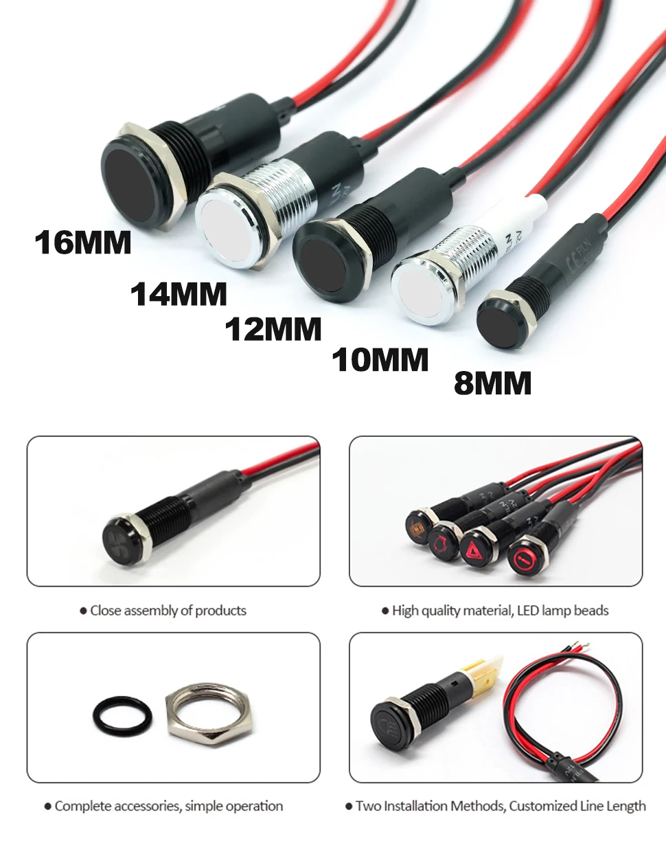 FILN 8mm C16 Car dashboard  silver shell Battery fault flag 12v led indicator light with Solder foot