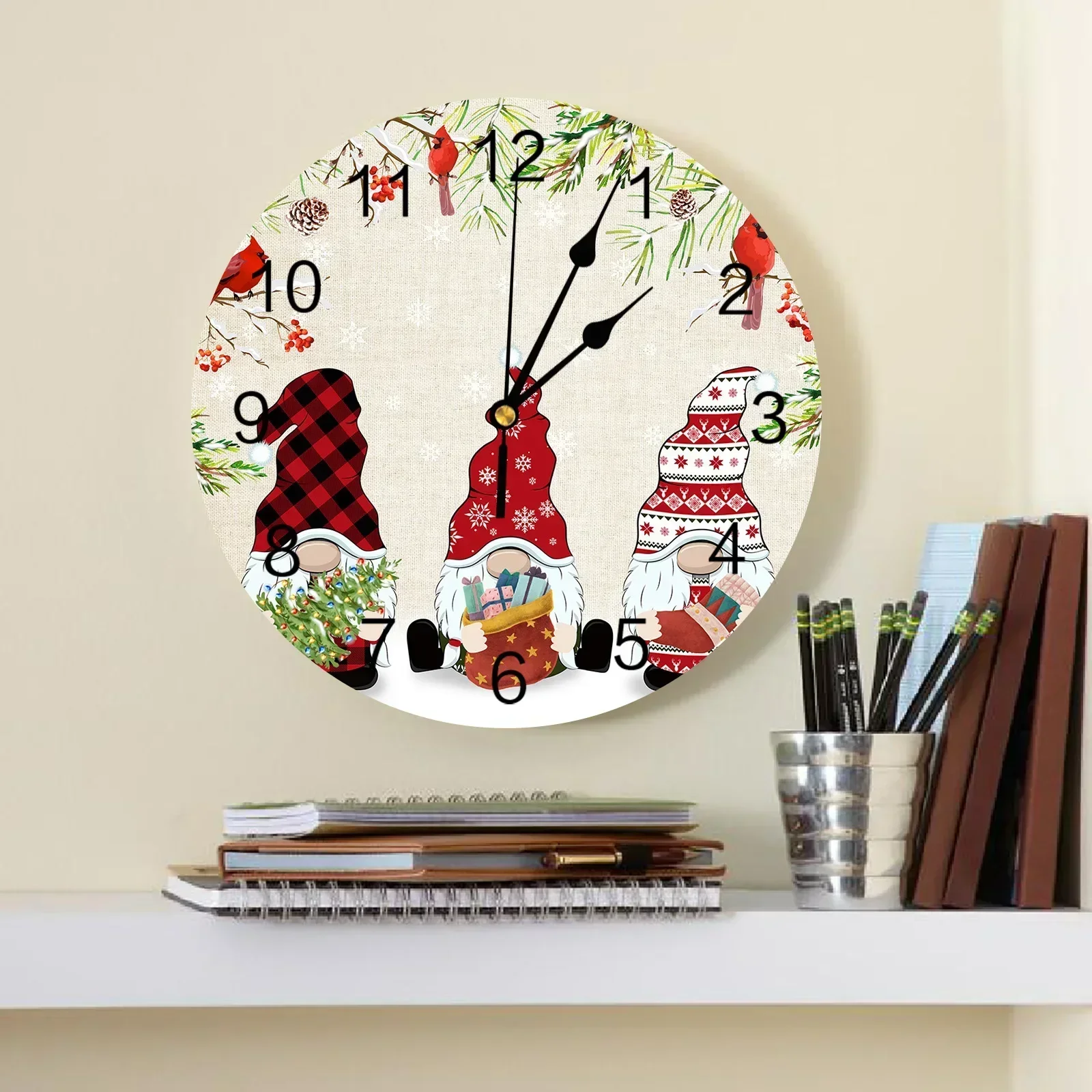 Christmas Gnome Berry Pine Tree Robin Round Wall Clock Modern Design Kitchen Hanging Watch Home Decor Silent Wall Watch