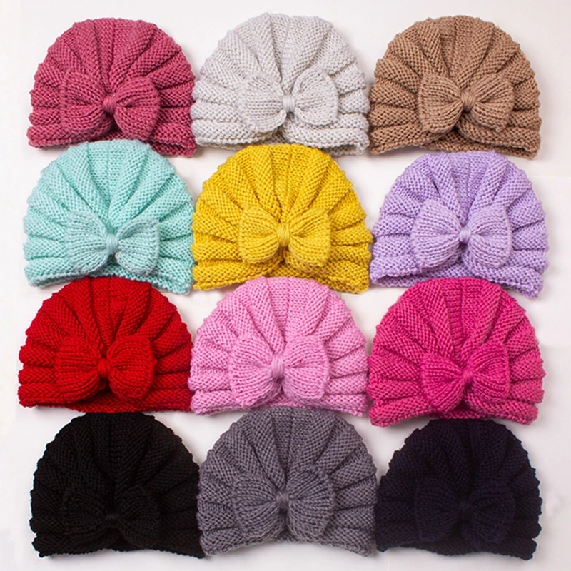 Autumn Winter Warm Baby Hat Knitted Big Bow Knot Baby Turban Hat Elastic Kids Newborn Beanie Cap for 0-2 Year Boys Girls Bonnet