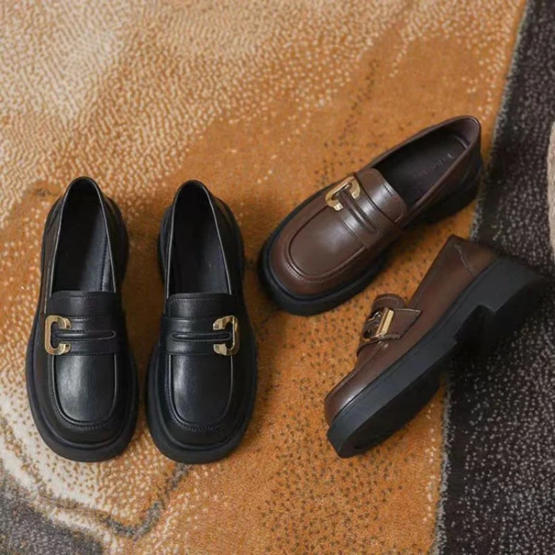 Women's Platform Loafers One-Slip on Retro British Style Soft Sole Round Toe Buckle Decor Flats All Season Shoes