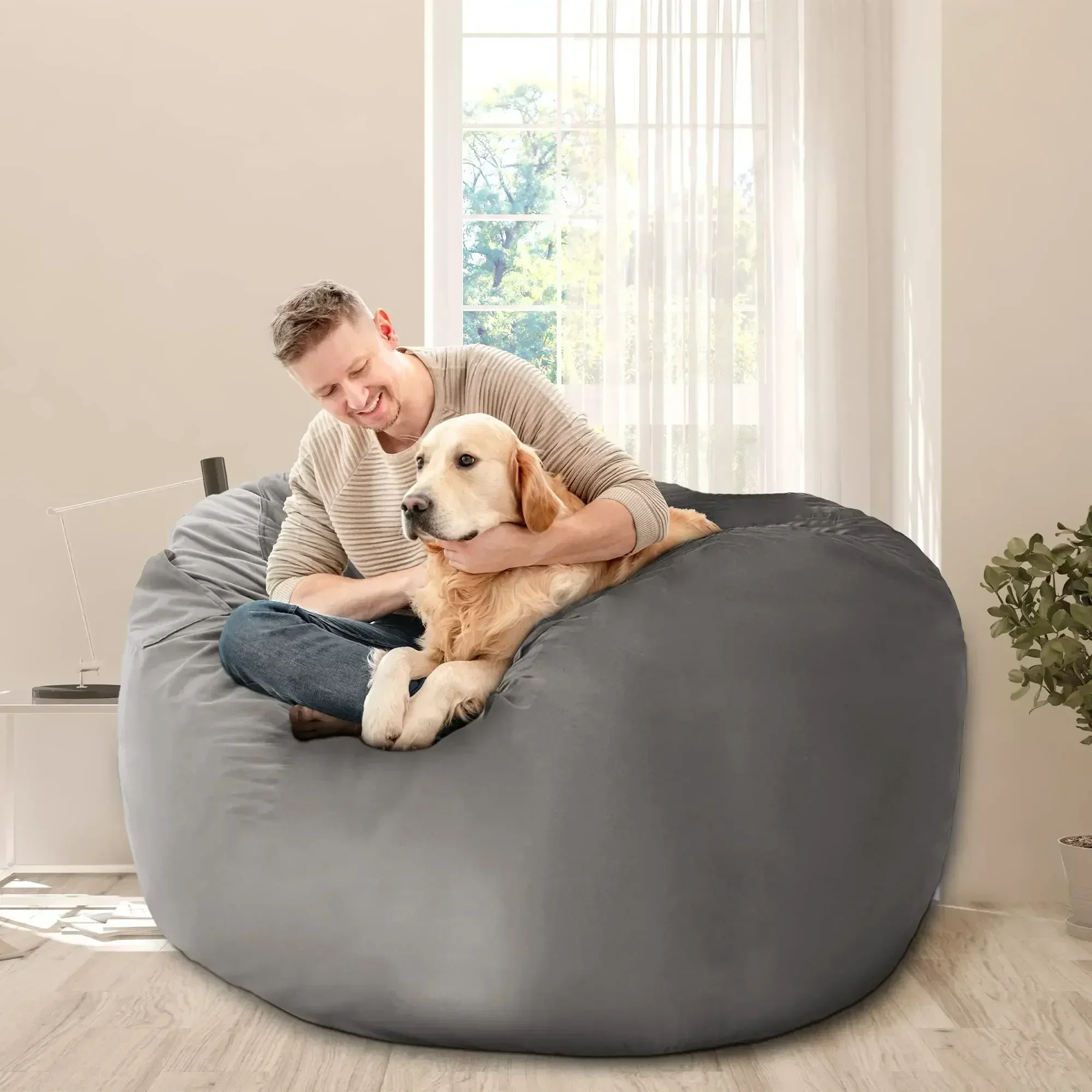 HABUTWAY Bean Bag Chair: Giant 4' Memory Foam Furniture Bean Bag Chairs for Adults with Microfiber Cover - 4Ft, Grey