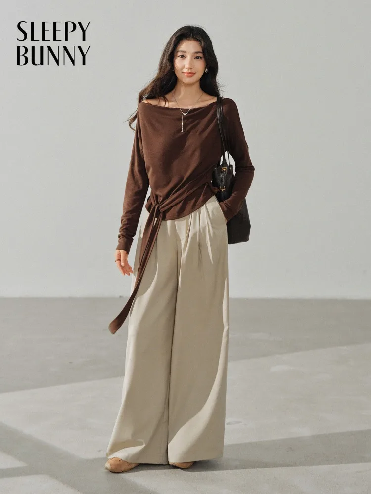 

Off Shoulder Long Sleeve Top Women Casual T-shirt Loose Elegant Tee Tie Design Slouchy Asymmetric Neck for Autumn Fashion Outfit