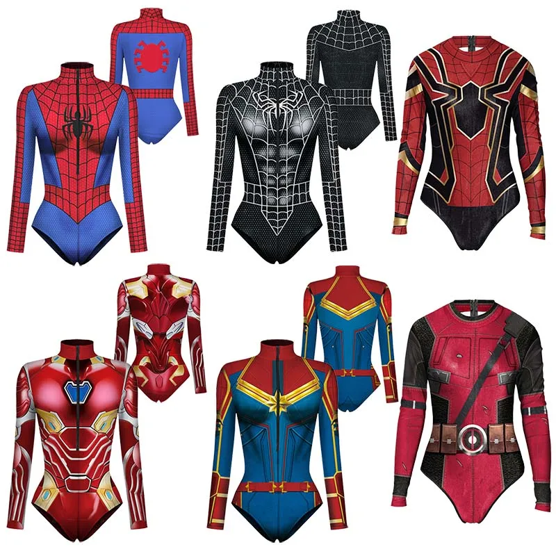 Bodysuit manga comprida super-herói para homens e mulheres, fantasia cosplay, homem-aranha, homem de ferro, impressão 3D, maiô, halloween, carnaval, adulto