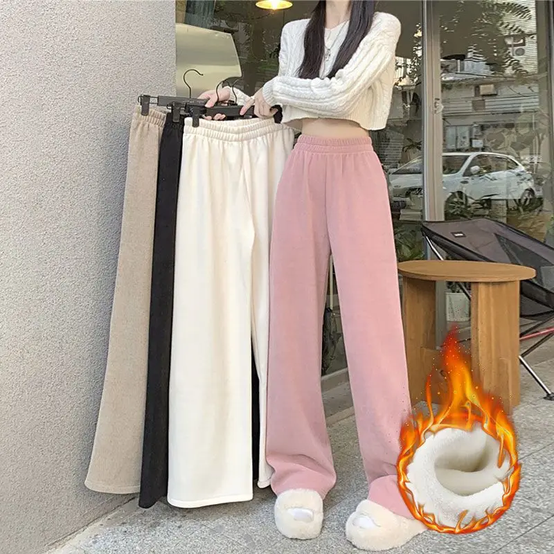 

Women Autumn Winter Fleece Simplicity Office Lady Solid Color Wide Leg Ladies Fashion All-match High Waist All-match Straight