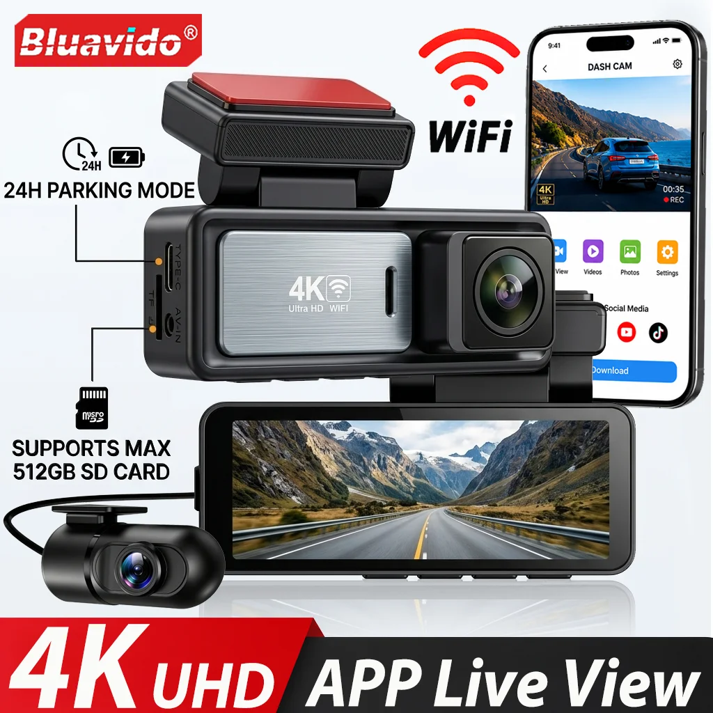 4K Dual Dash Cam Front And 1080P Rear With WiFi And GPS APP Control Night Vision Mini Car Video Recorder 24/7 Parking Monitor