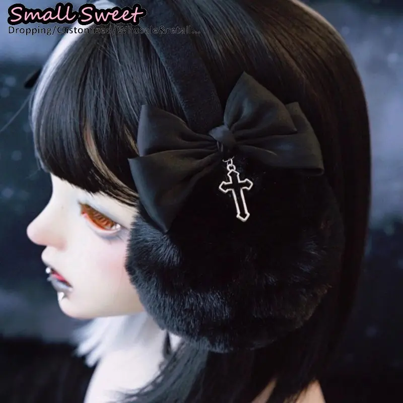 القوطية الشرير اليدوية القوس الصليب غطاء للأذنين الظلام الدافئة الأذن الأسود أفخم ثقافة فرعية Y2K فتاة حماية الشتاء غطاء للأذنين اكسسوارات #4