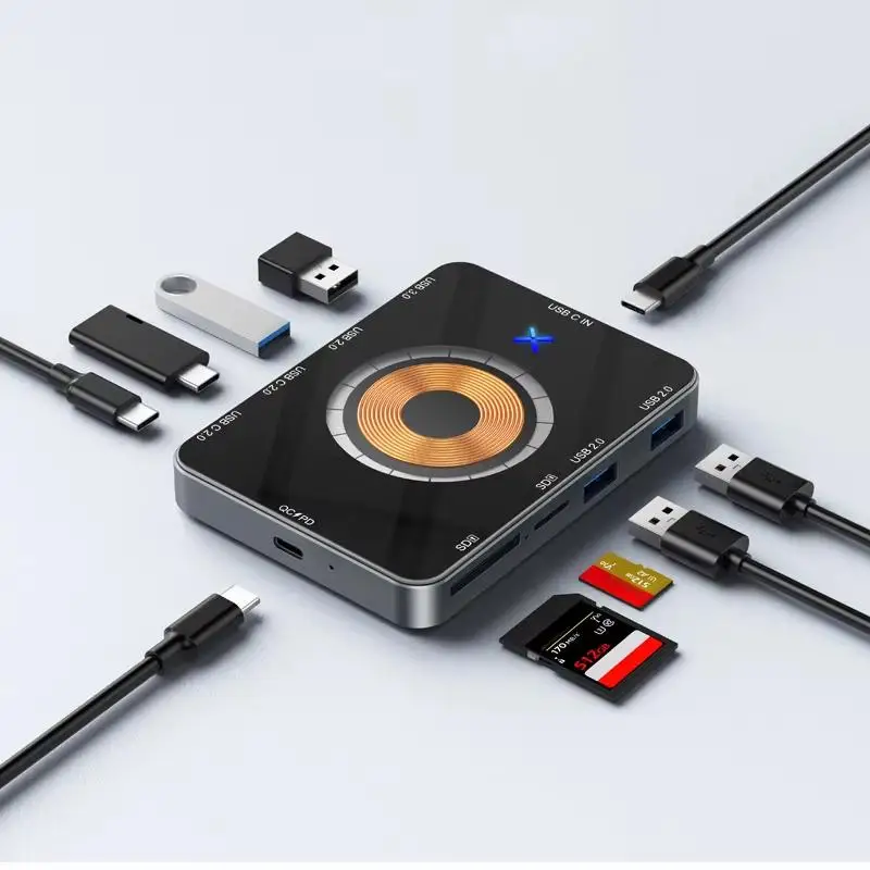 

10-in-1 USB C Hub with 60cm Cable, 15W Wireless Charger, USB 3.0 Ports, SD/TF Card Reader, PD/QC Input, Aluminum Alloy & Glass