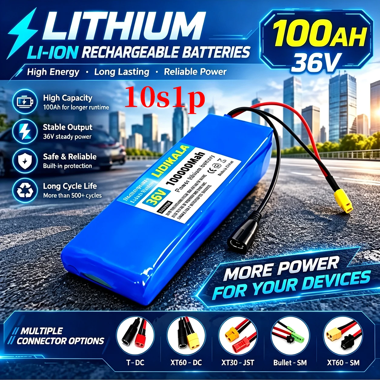 Batteria ricaricabile agli ioni di litio da 36 V e 100 Ah, configurazione 10S1P, con sistema di gestione della batteria (BMS) integrato, alimentazione portatile per scooter elettrici, biciclette