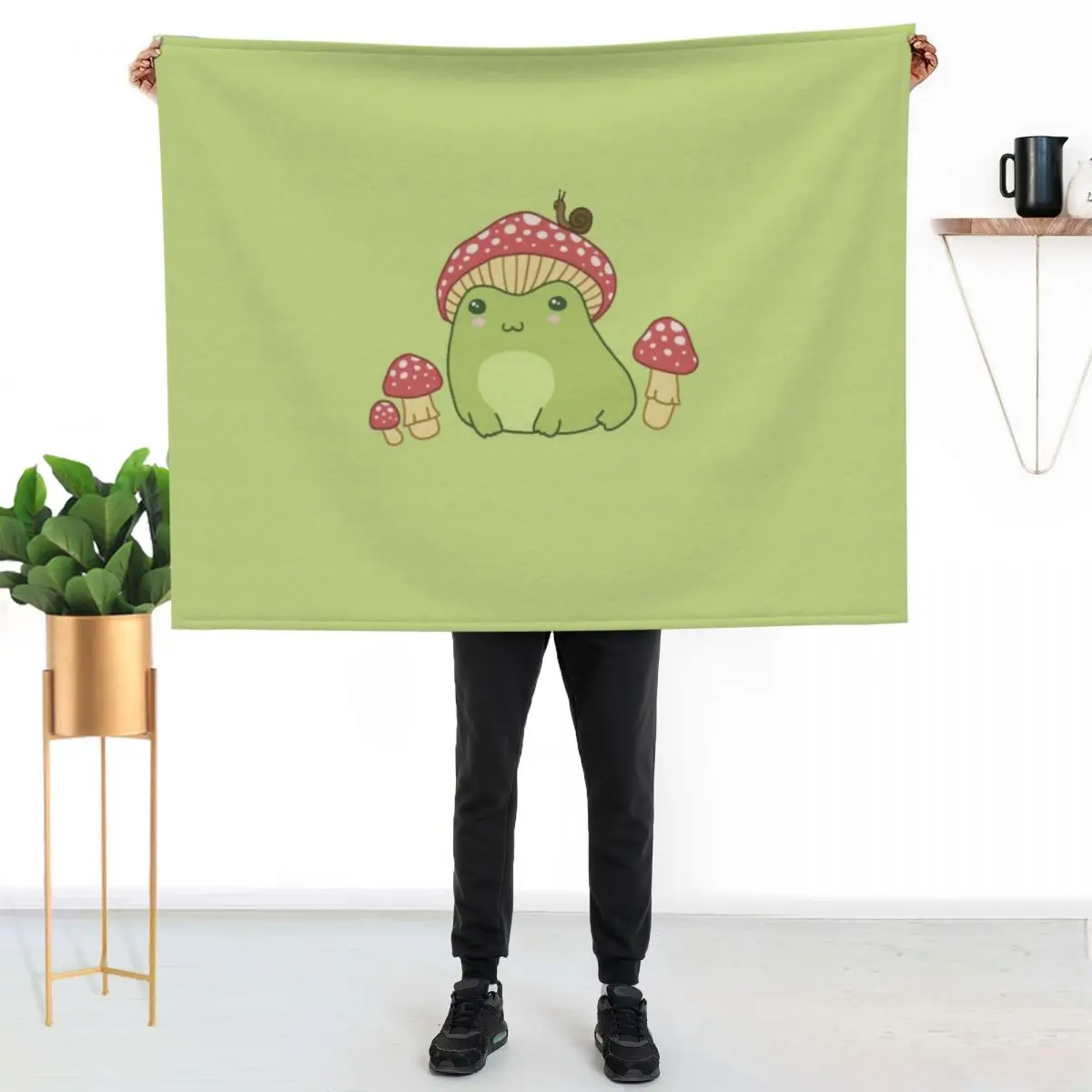 

Kawaii Frog with Mushroom Hat: Cottagecore Aesthetic, Toadstool and Snail Companion, Perfect for Frogge Lovers Throw Blanket