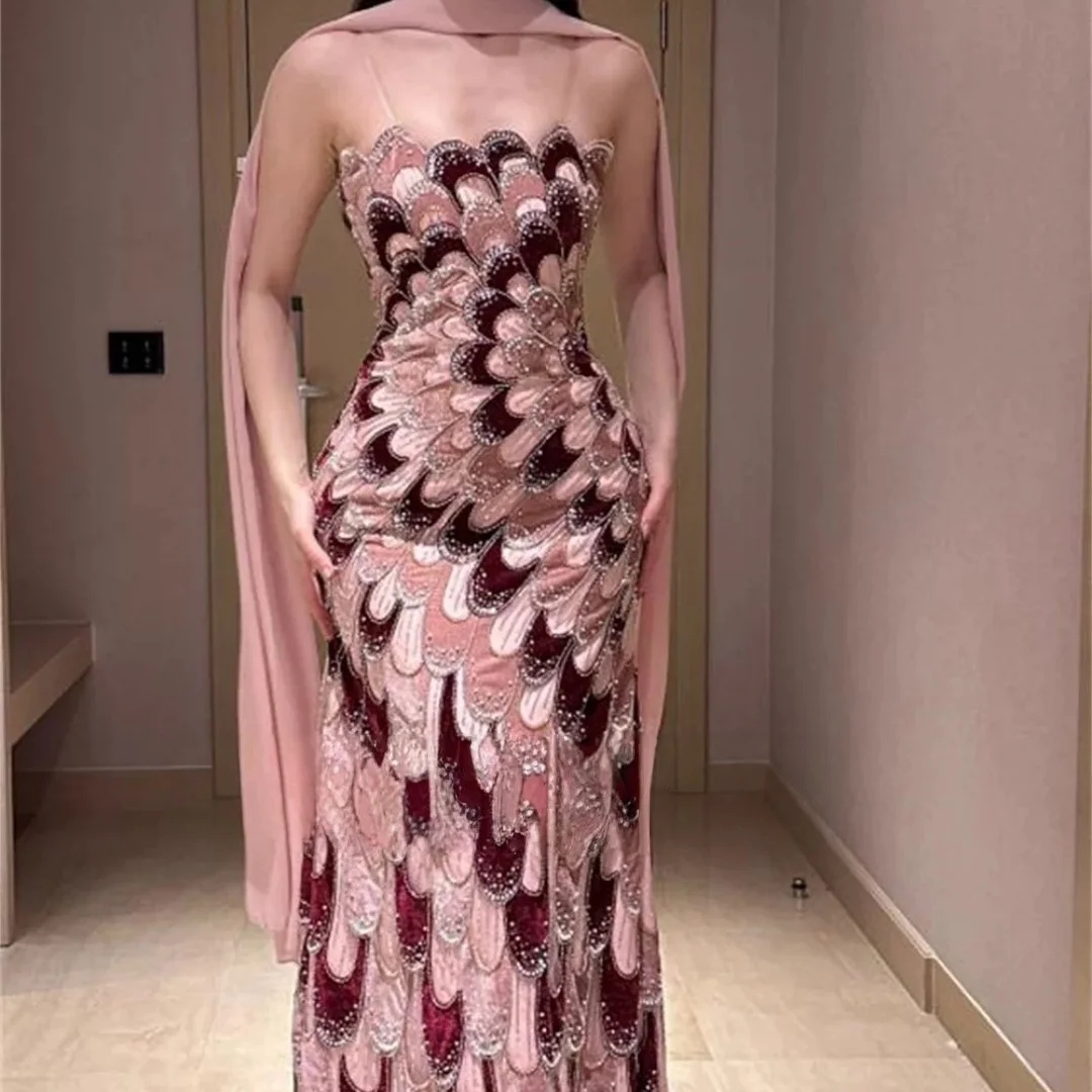 Amanda Customized Pink Burgundy Spaghetti Strap Prom Dress Beaded Velvet Pattern Matching Shawl Exquisite vestidos de noche 2026