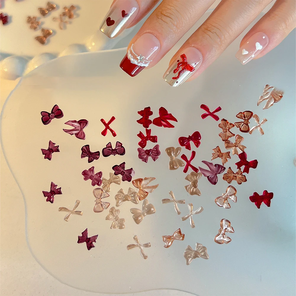 50pcs Autumn Winter Red Bow 3D Nail Charm Cute Resin Mix Shape Ribbon Bowknot Nail Art Rhinestone Bow tie Manicure Decoration