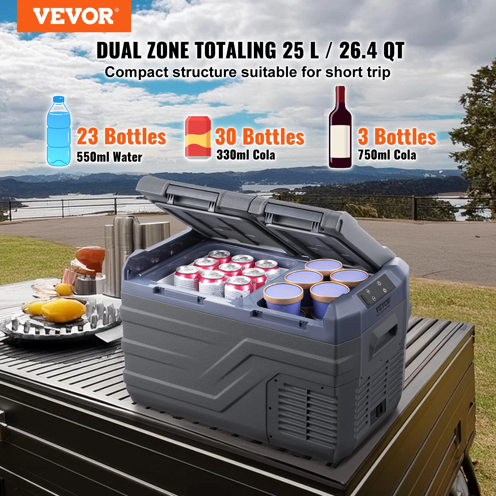 VEVOR 25L Car Refrigerator, 12V Car Fridge, Dual Zone Portable Freezer,-4℉-68℉ Range,12/24V DC and 100-240V AC Compressor Cooler