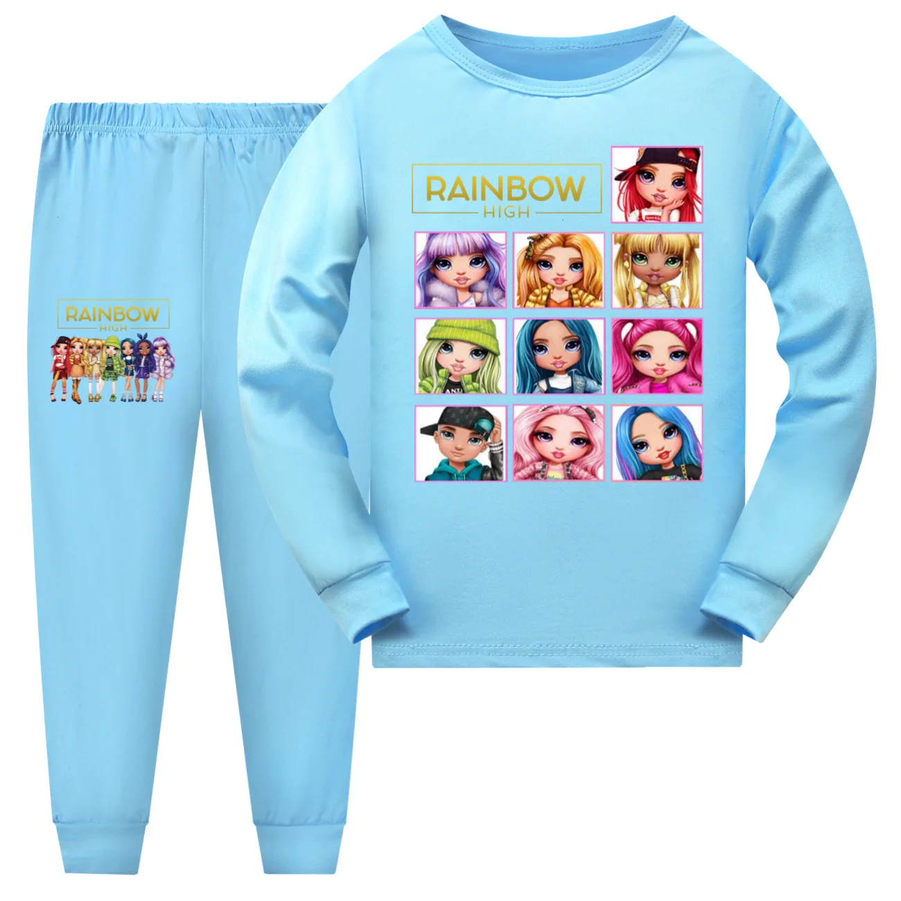 New Rainbow High Clothes Kids T-shirt Sweatpants 2pcs Set Baby Girls Long Sleeve Pajama Sets Boys Spring Sleepwear 5-16 Years